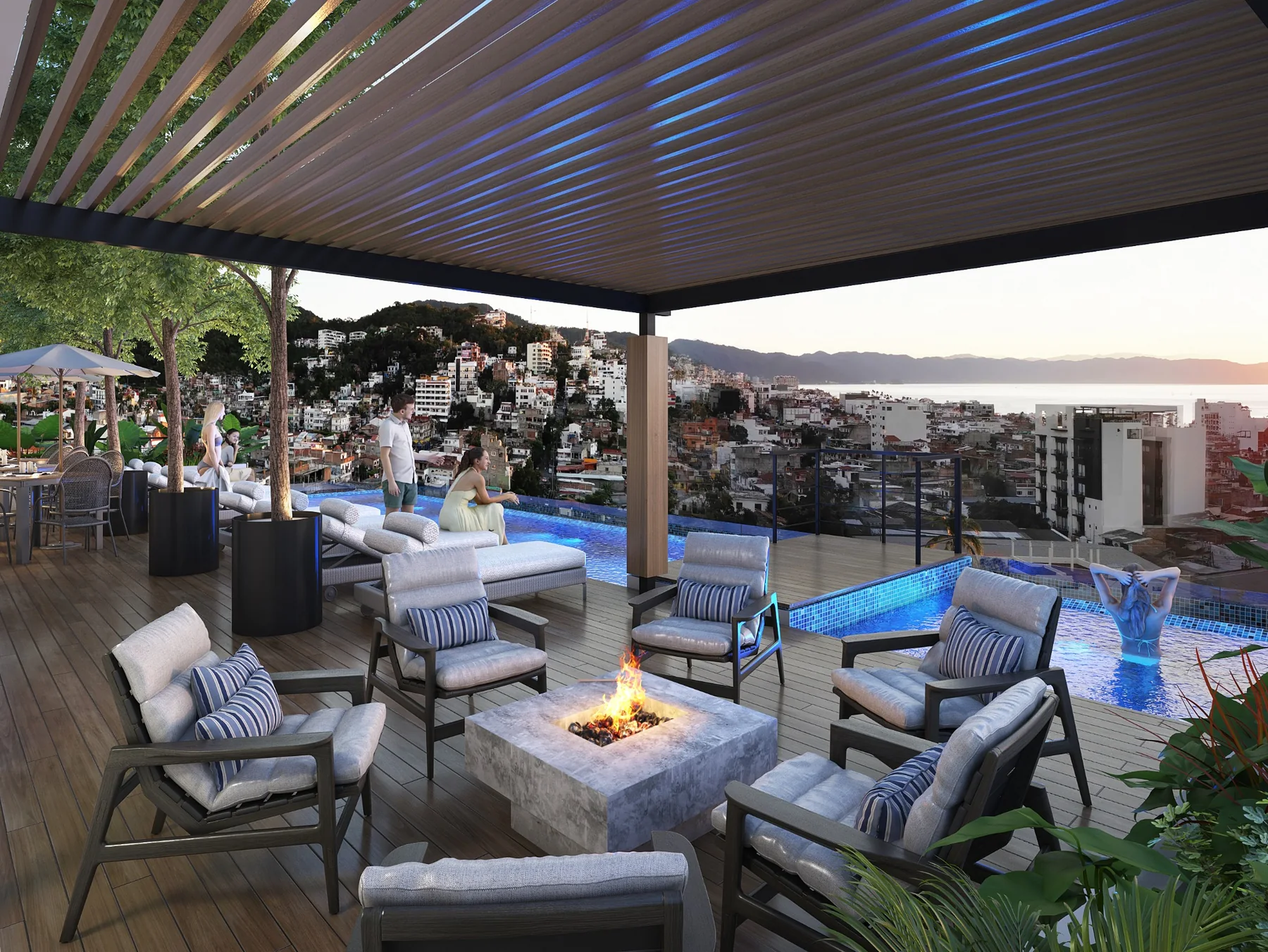 Render de rooftop con alberca de KUU